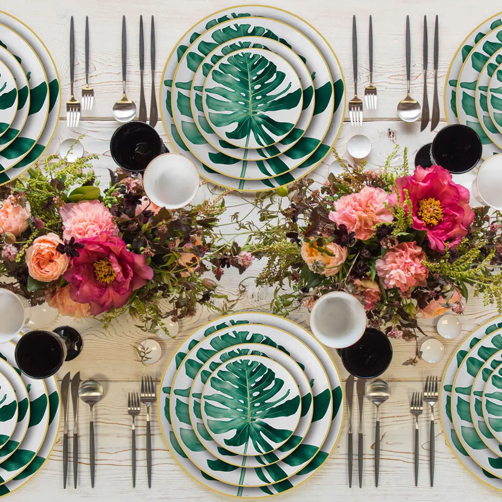 Round Cake Stand Bone China Plate Set, Forest Dessert Series, Leaves, Flowers, Restaurant and Home Use Coffee Set and Bowl