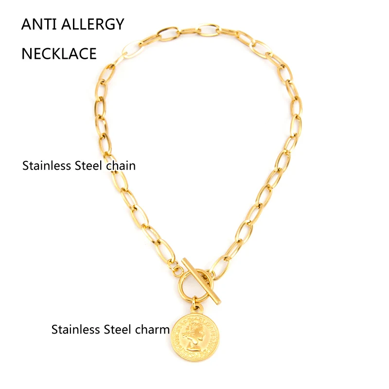 Stainless Steel Summer NECKLACE For WOMEN lucky Coin Penny Long CHOKER GOLD COLOR PENDANT collares de moda Boho Collier