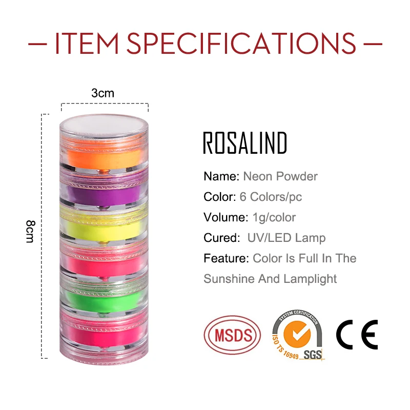 Rosalind 6 Kleuren Neon Poeder Integreren Heldere Voor Nail Art Design Nail Dust Nodig Base Top Coat Decoratie Pigment Poeder