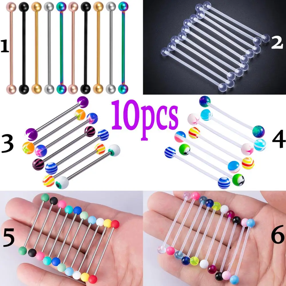 

10pcs Industrial Piercing Barbell Helix Cartilage Bar Stud Long Ear Bridge Scaffold Earring Jewelry Colorful Stripe Ball 38mm