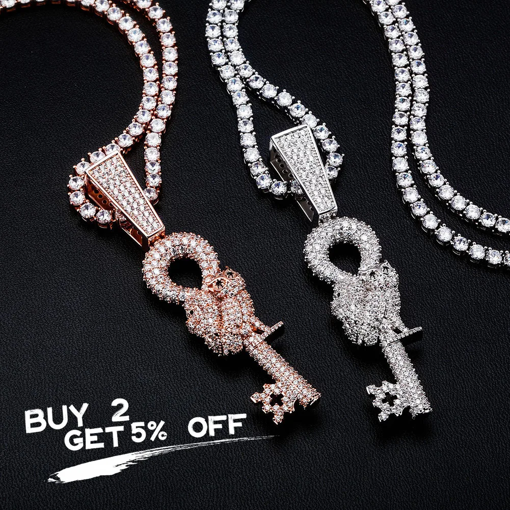 ALLICEONYOU Large and Small Size Owl Key Pendant Necklace Iced Full Micro Pave Cubic Zirconia Hip Hop Fashion Jewelry For Gift