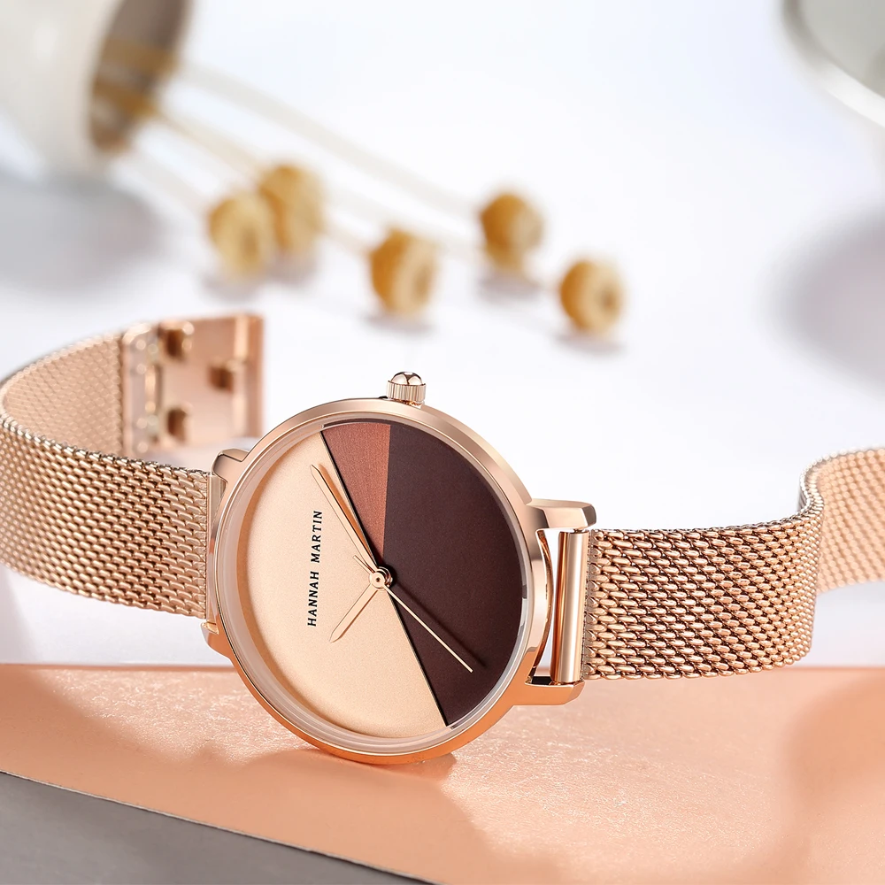 1 Set Bracelet & watch  Japan Quartz Lady Stainless Steel Mesh Double Surface Dial Gradient Rose Gold 30m Waterproof Women Watch