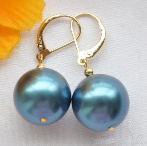 New Arrival Favorite Pearl Earrings 16mm Blue Round South Sea Shell Pearl Dangle Earring 14k/20 GP Fine Jewelry Lady Gift