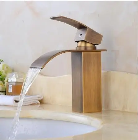 

Vidric Square Bathroom Faucet Antique Bronze Deck Mounted Waterfall Hot Cold Water Crane Single Hole Single Handle Faucets ELF50