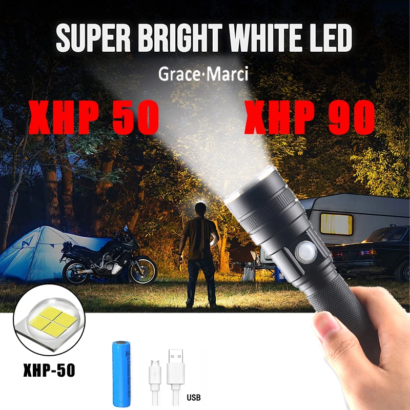 

USB Rechargeable Light 10W Xhp50 LED Flashlight XHP90 Most Powerful LED Flashlight Indicator Zoomable Tactical Light For Camping