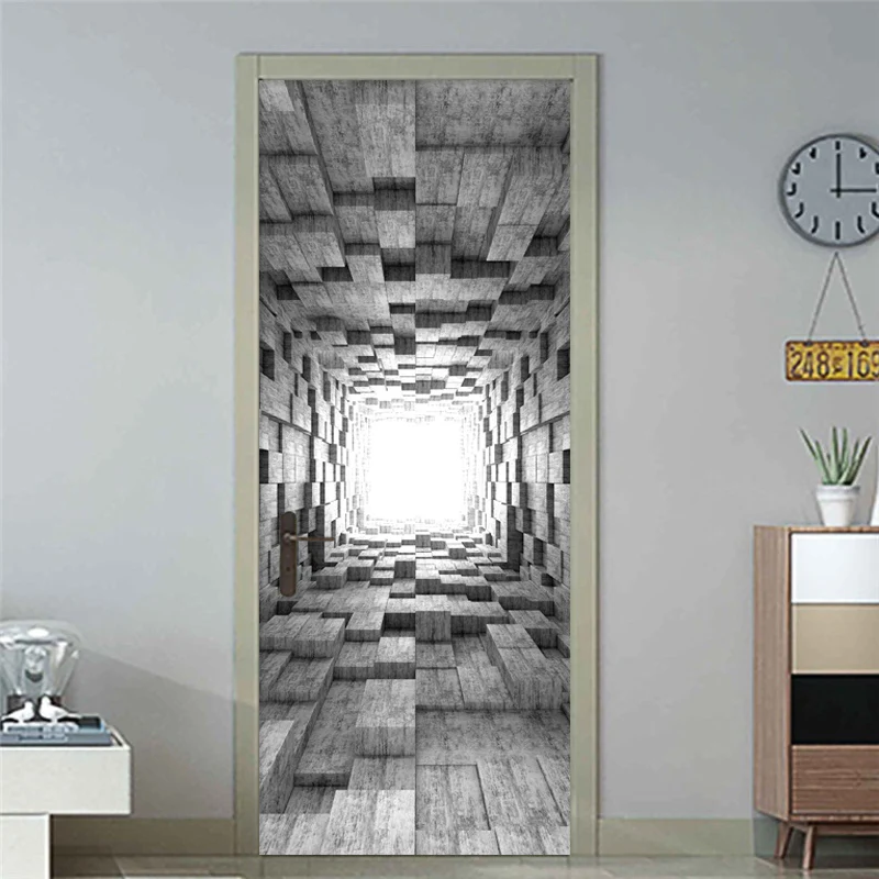 

PVC Self-Adhesive Waterproof 3D Wall Door Sticker Modern Creative Stereo Space Cement Geometric Vinyl Door Murals 3D Home Design