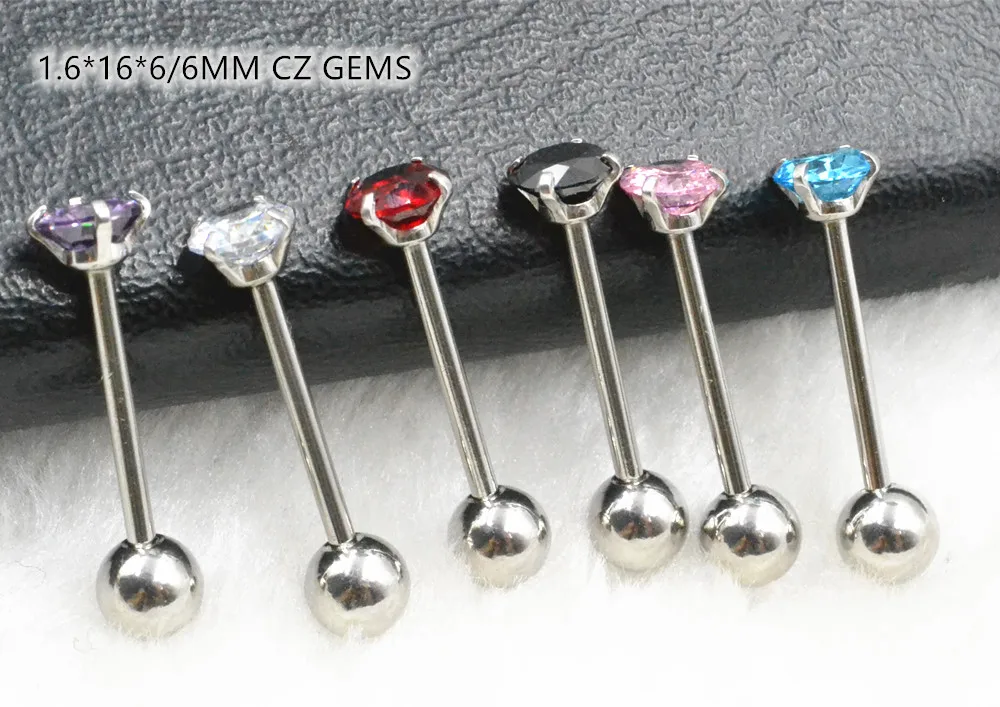 50pcs Body Jewelry Tongue/ Nipple Shield Ring Barbells Straight Bar 14G Shine CZ Gems Body Piercing Jewelry 1.6*16*6/6mm