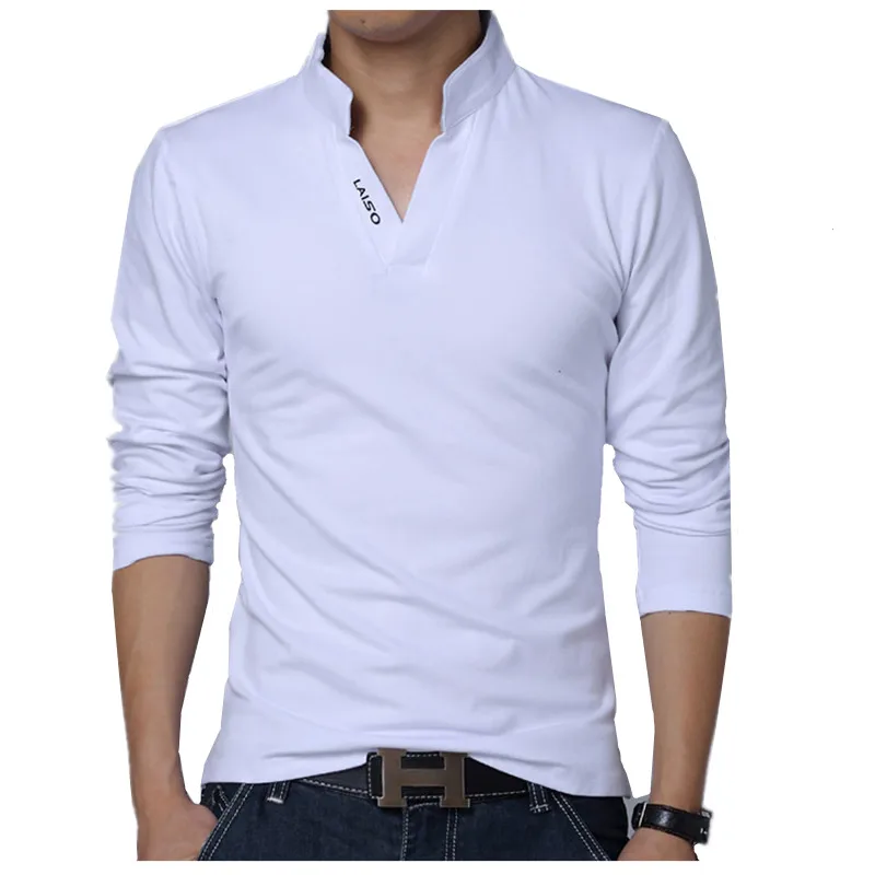 POLO Shirt Men Spring Cotton TShirt, Men\'s Solid Color Tshirts, Mandarin Collar Long Sleeve Top Men Brand Slim Fit Tee Shirts