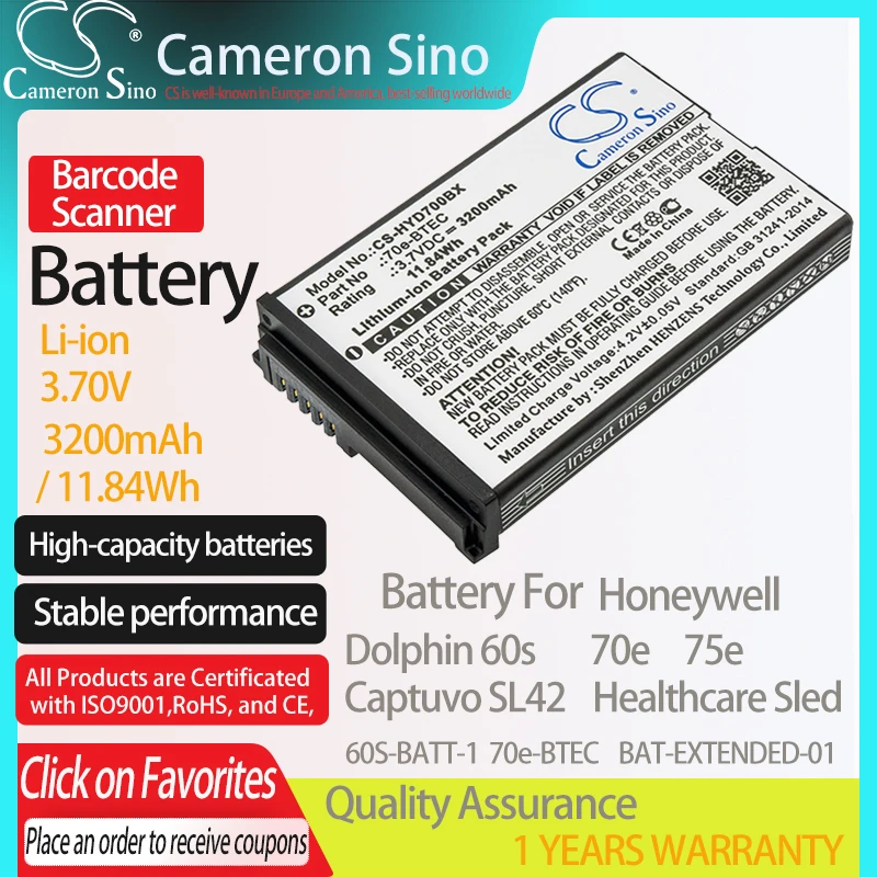 

CameronSino Battery for Honeywell Dolphin 60s 70e 75e Captuvo SL42 Sled fits Dolphin 60S-BATT-1 70e-BTEC Barcode Scanner battery