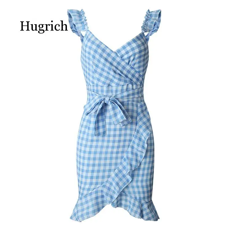 Women Casual Plaid Dress Vintage Ruffle Backless Wrap Sexy Dresses Sleeveless V Neck Tie Waist Mini Summer Dress 2020