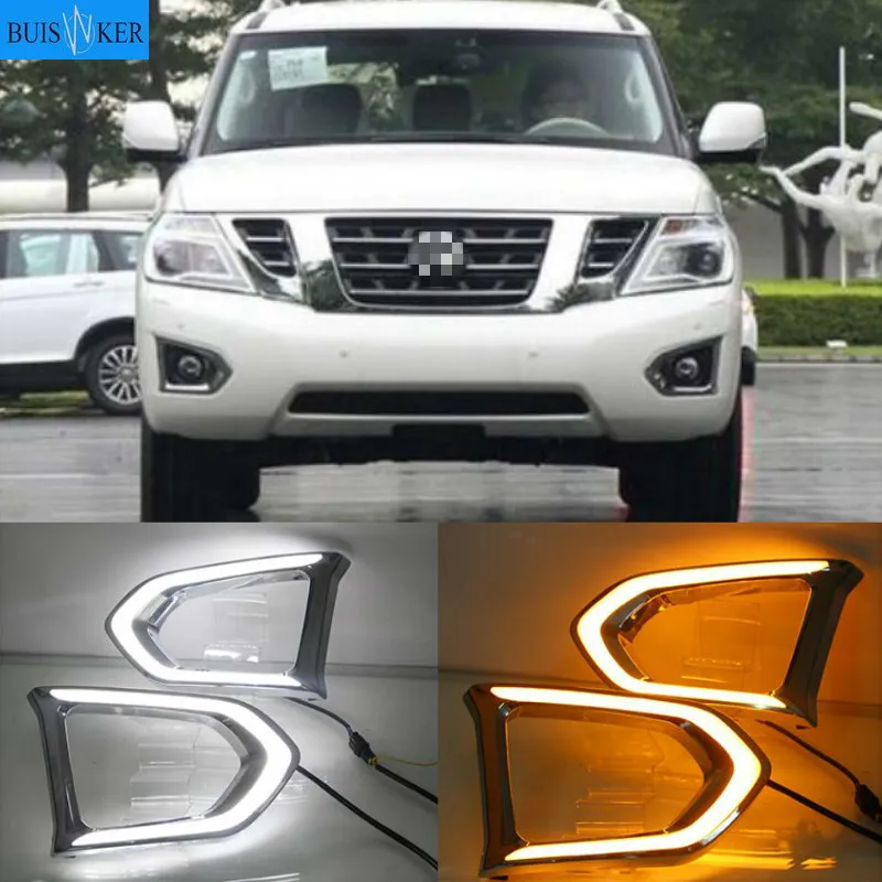 

1Pair Car LED DRL For Nissan Patrol Y62 2016 2017 2018 Daytime Running Light With Yellow Turn Signal Night Blue Fog Lamp