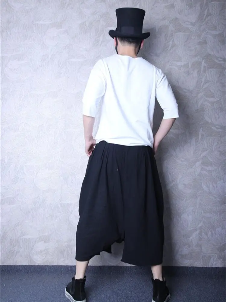 Men's Trouser Skirt Summer New Solid Color Super Loose Fashion Quality Nine Minutes Pure Cotton Casual Pants