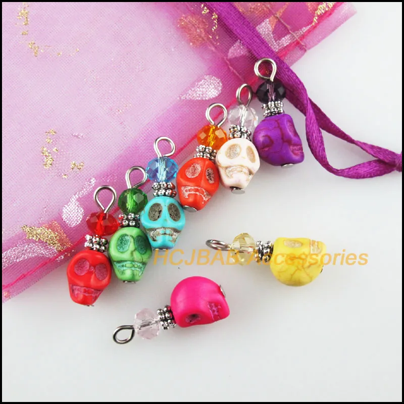 16Pcs Retro Tibetan Silver Plated Halloween Skull Stone Mixed Beads Charms Pendants 8x22mm