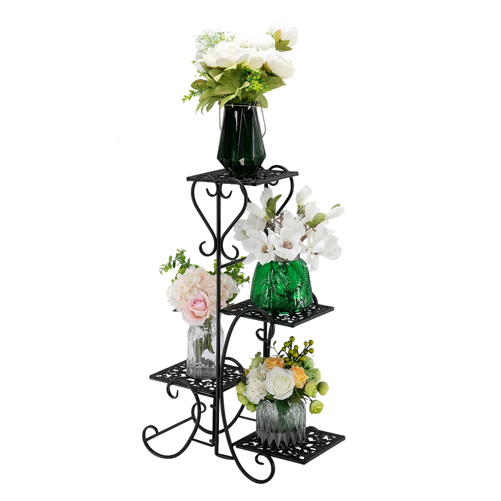 Artisasset One Set Black Paint 32.3 Inches High 4 Square Patterned Potted Plants Stand Flower Rack[US-Stock]