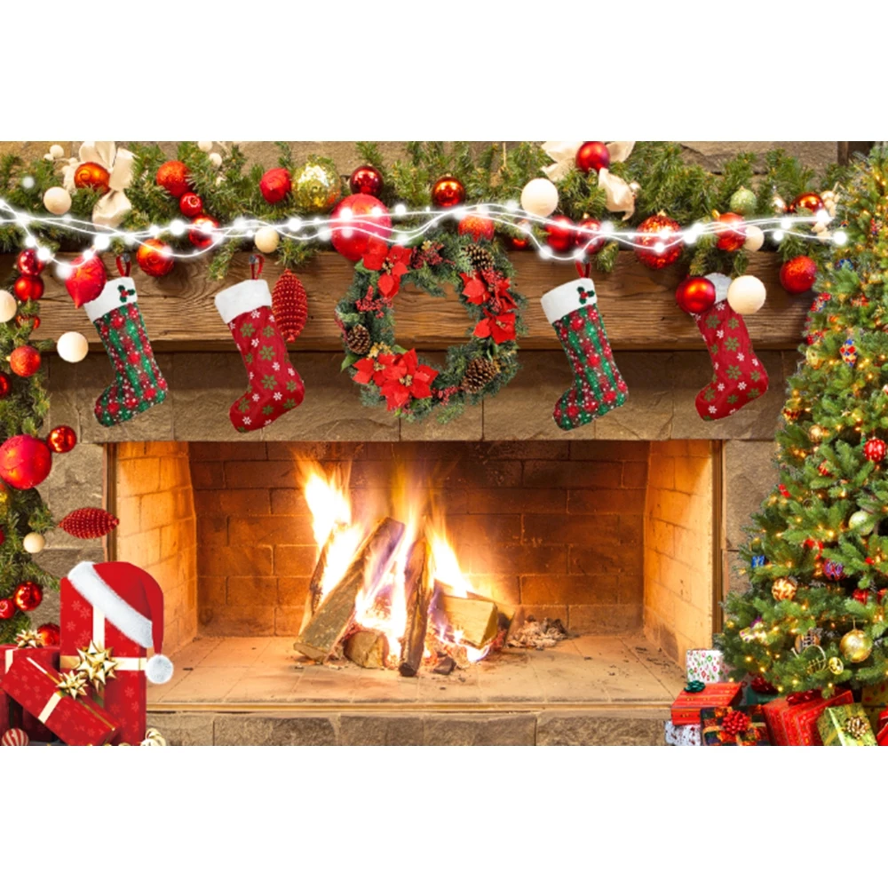 Yeele Christmas Backdrop Photocall Fireplace Stocking Baby Shower Party Decor Photography Background Photo Studio Photographic