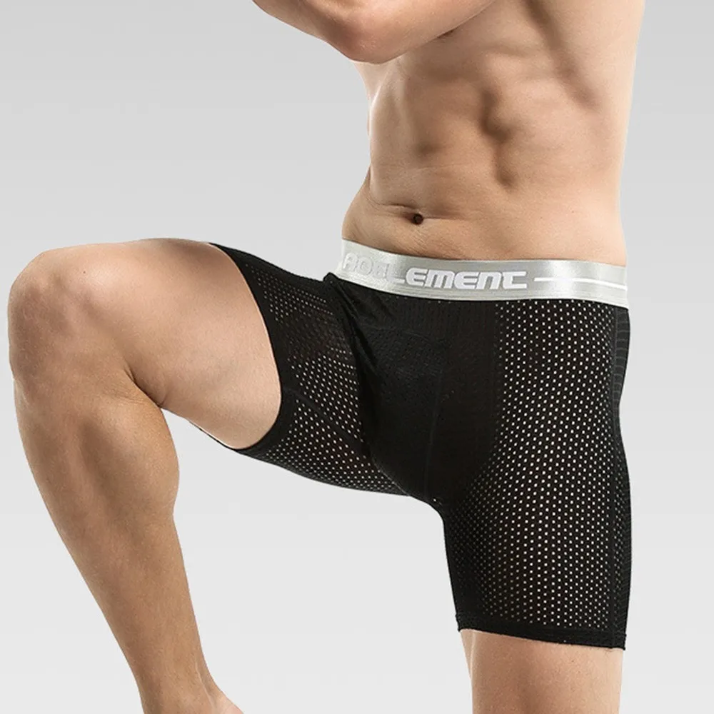 Men Lengthen Seamless Mesh Shortss Bulge Pouch Briefs Super Elastic Underwear Workout Fitness Swim Underpants