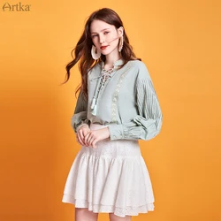 ARTKA 2020 Spring New Women Blouse Vintage Embroidery Indie Folk Blouse 100% Cotton Lantern Sleeve V-Neck Tassel Shirt SA20504C