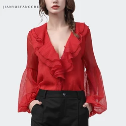 Women' Long Lantern Sleeve Red Chiffon Blouse Ruffle Tops Loose Plus Size 2022 Spring Summer New Sexy V-Neck Fashion Blouses