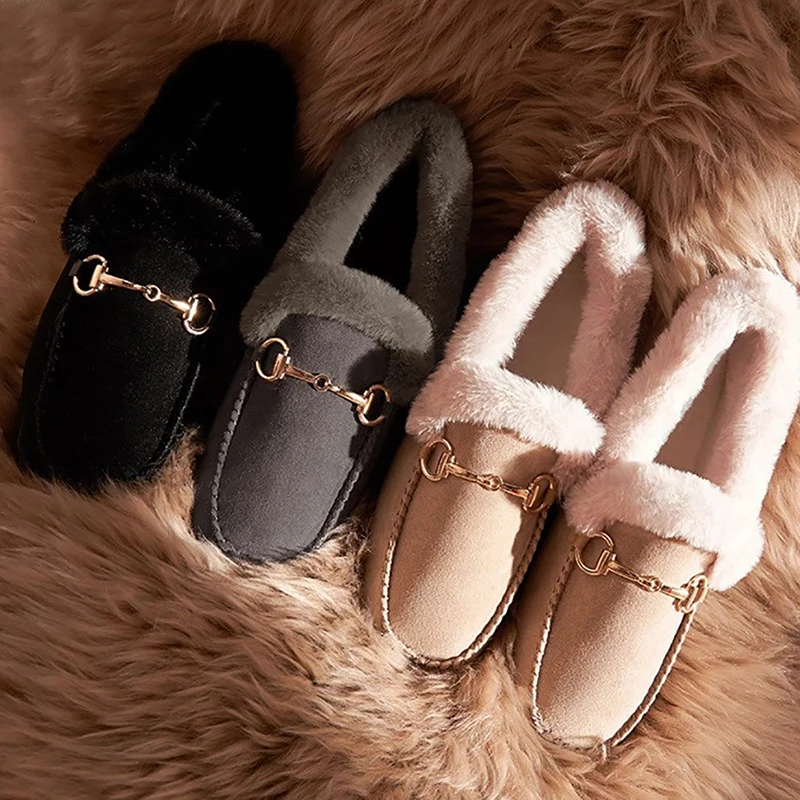 Women Winter Shoes Fluffy Slippers Warm Flat Shoes For Women Casual Loafers Slip On Plush Shoes Moccasins Lady zapato de mujer