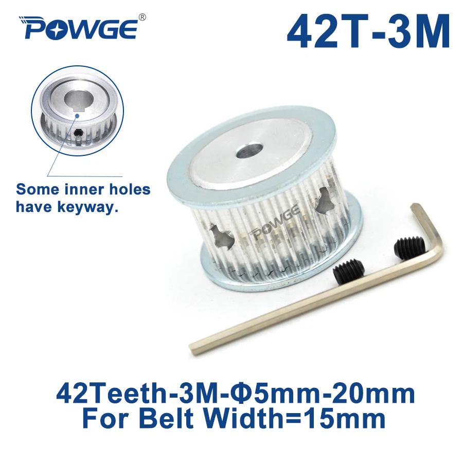 POWGE 42 Teeth HTD 3M Timing Pulley Bore 5/6/8/10/12/14/15/16/17/19/20mm for Width 15mm 3M Synchronous Belt HTD3M 42T 42Teeth