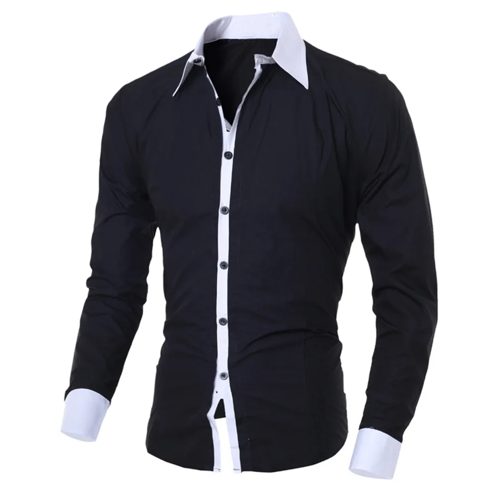 Men White Shirt Patchwork Social Dress Shirt Autumn Spring Solid Long Sleeve Slim Fit Male Top Office Casual Button Shirt 2021