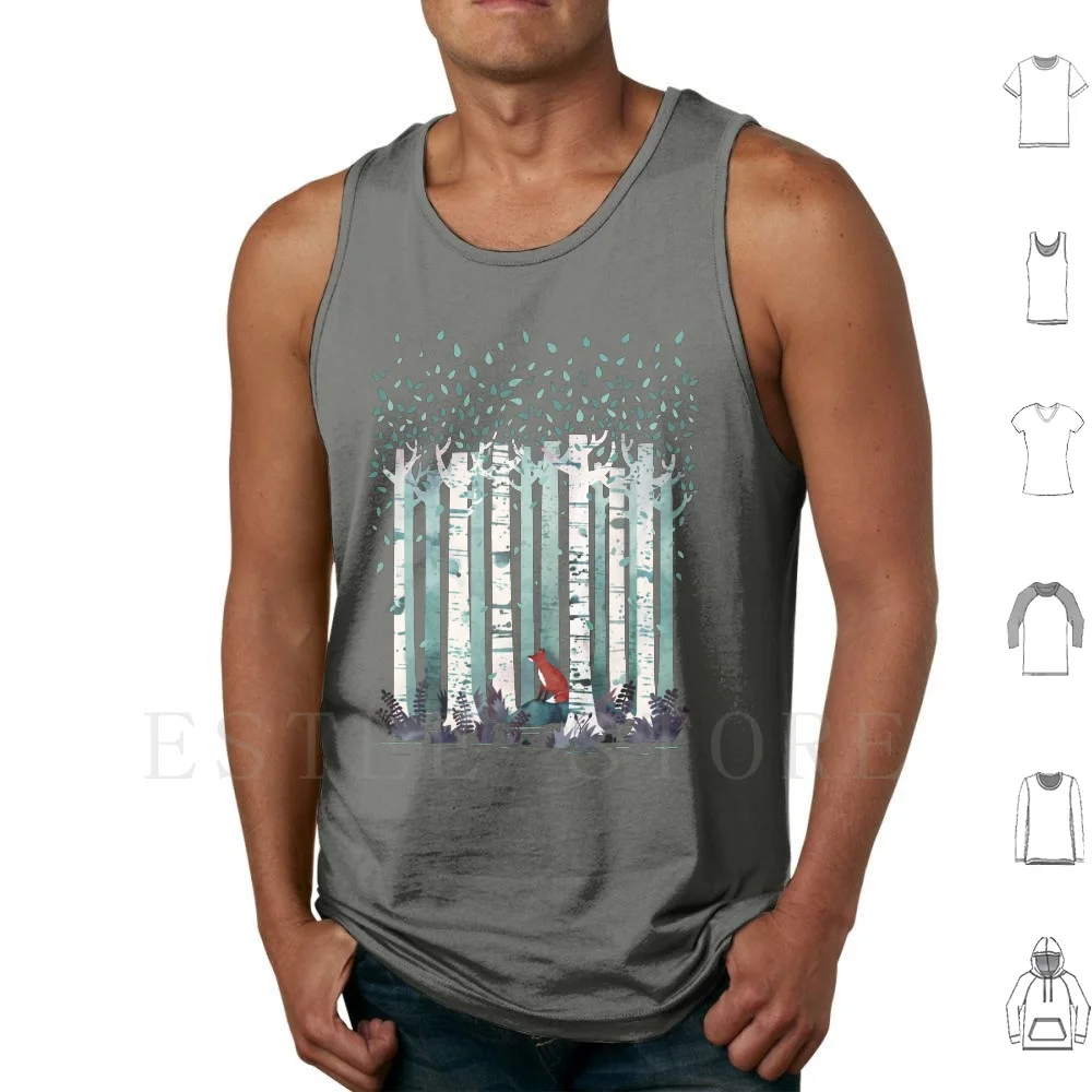 The Birches Tank Tops Vest Sleeveless Fox Birch Forest Woods Nature Red Green Blue Watercolor Watercolour Quiet Environment