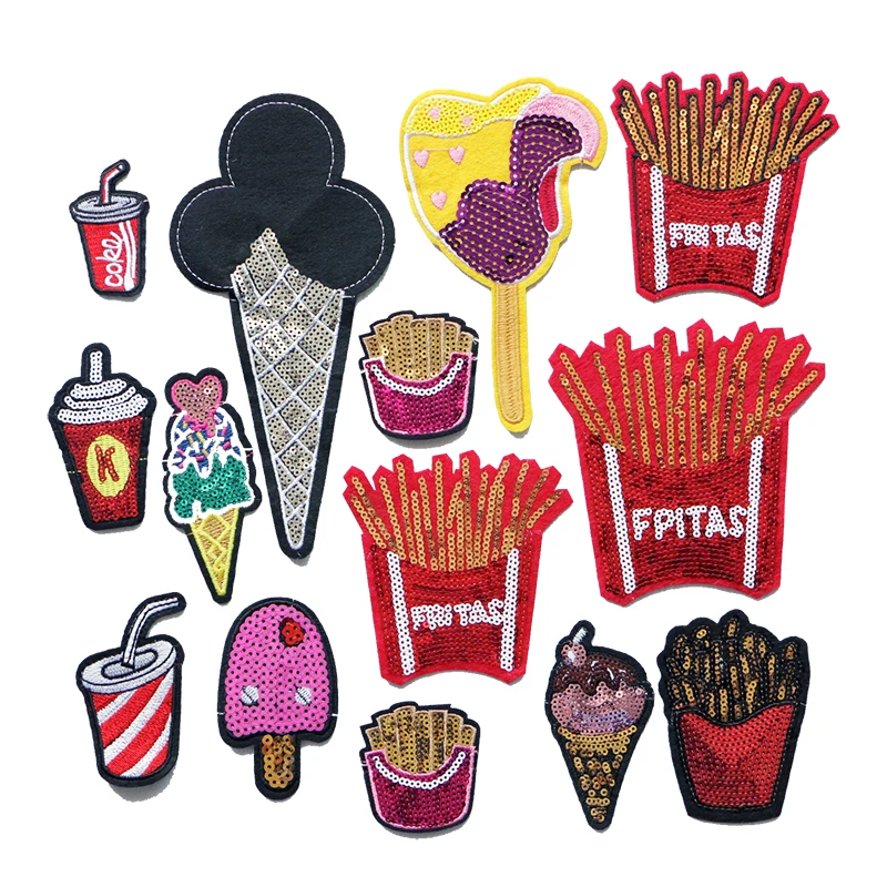 1 Delicate Embroidered Cloth Stickers Sequins Embroidered Stickers Ice Cream Fries Drinks Clothing Packaging Decoration Stickers