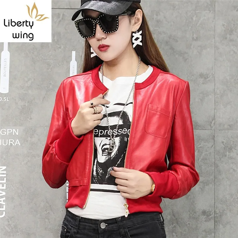 Spring 2020 New Female SheepSkin Coat Genuine Leather Jackets Zipper Women O-Neck Black Red Slim Bomber Jacket Short Outwear