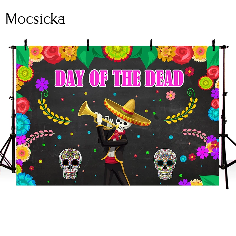 Day of The Dead Photography Background Mexican Skull Marigold Backdrop Dress-Up Party Fiesta Banner Decoration For Photo Studio