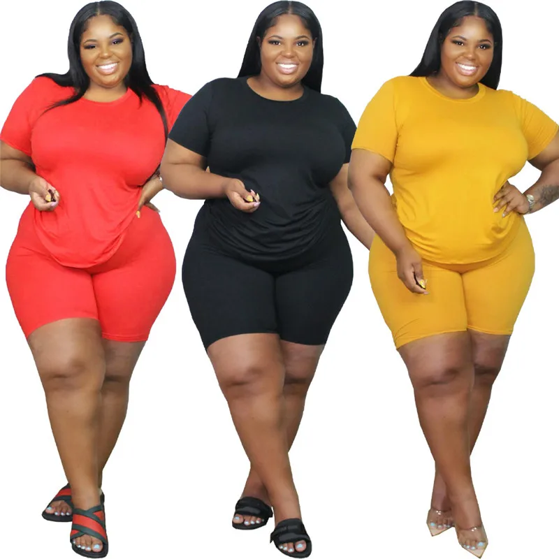 Plus Size Two Piece Set Women Wholesale Shorts Sets Solid Stretch Bodycon Jogging Suit  Streetwear Home Clothes Dropshipping