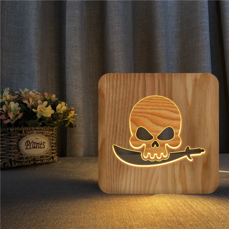 Usb Plug Skull Led Night Light Nachtlampje Easter Decoration Lamp 3D Wood Material Bedside Night Lamp Living Room Desk Lighting