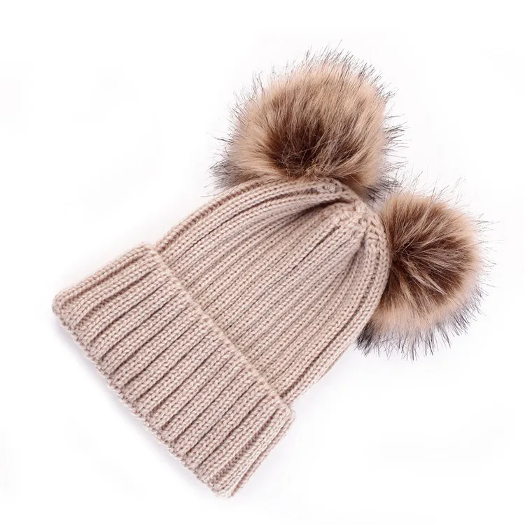 Women Winter Knitted hat Parent-child Baby Girl Cute Thick warm 2 Pom pom Beanies Cap Striped Skullies