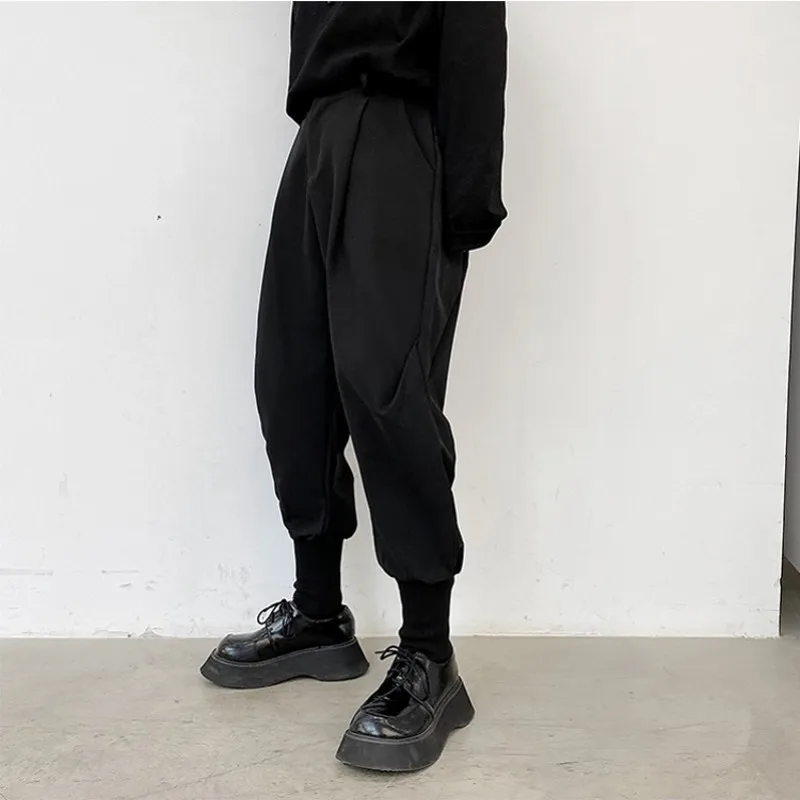 Calça do harém de cintura elástica cônico preta masculina, calça masculina algemada, roupas superdimensionadas de hip hop, moda