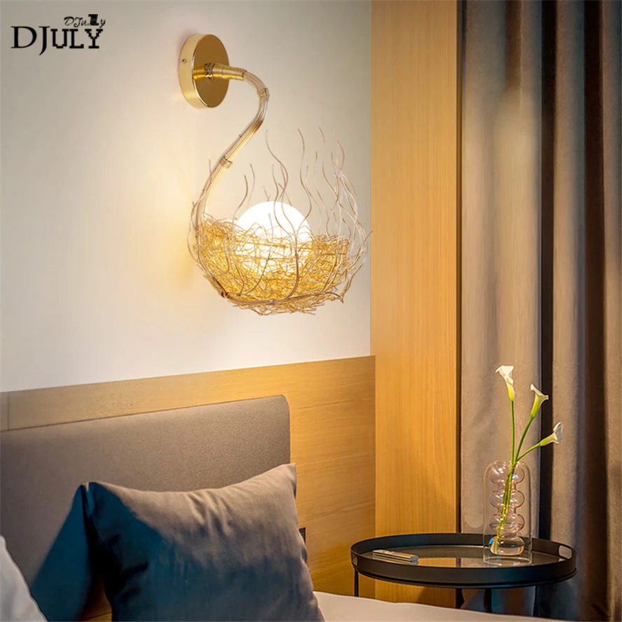 nordic designer Bird nest glass egg led wall lamp for kids bedroom living room hallway loft decor wall sconces gold stairs light