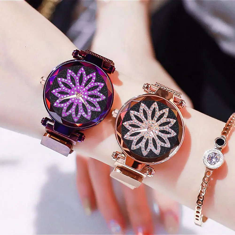 Pop Sale Women Magnet Buckle Starry Sky Flower Watch Plush Stainless Steel Quartz Watch Clock Fashionable