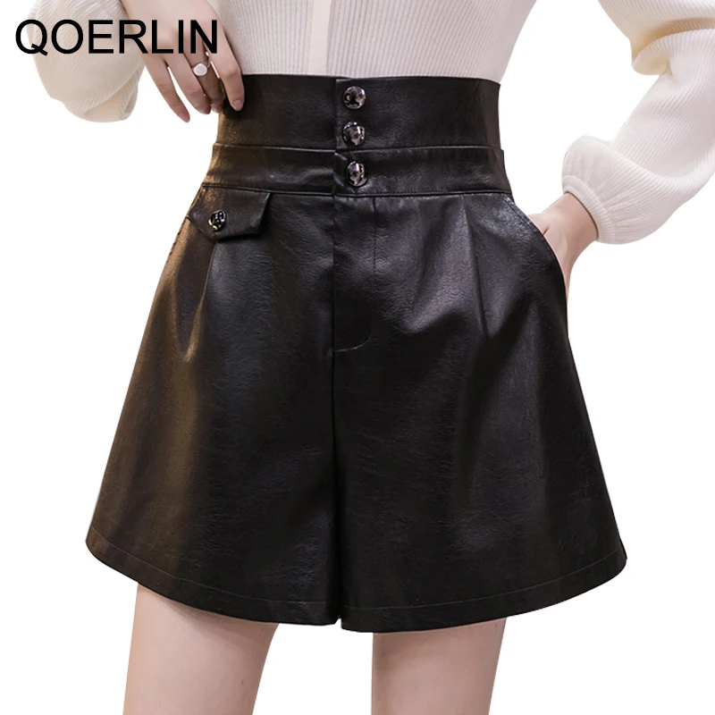 

Шорты QOERLIN из искусственной кожи, женская одежда для сапог, короткие брюки с высокой талией и широкими штанинами, шикарные шорты на пуговицах с карманами, Горячие шорты, шорты для женщин