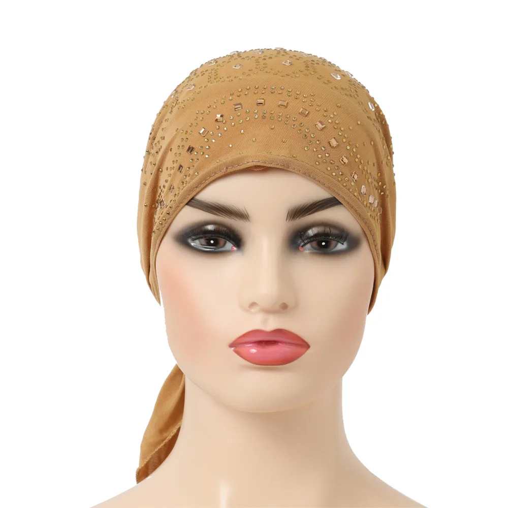 Muslim Inner Hijab Cap Women's Headwear Underscarf Islamic Head Wrap Hat Bonnet Rhinestone Headscarf Hair Loss Chemo Cancer Hat