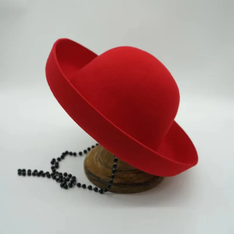 French Black Red Bowler Hat Curling Basin Hat For Women Autumn Winter Fashion Pearl Chain Church Hat Felt Hat Derbies Femme Bone