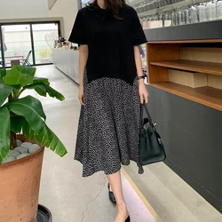 Women's Casual Oversized T-Shirt Dress Cotton Patchwork Print Dot Summer 2025 Fake Two-Piece Robe Lady Dress