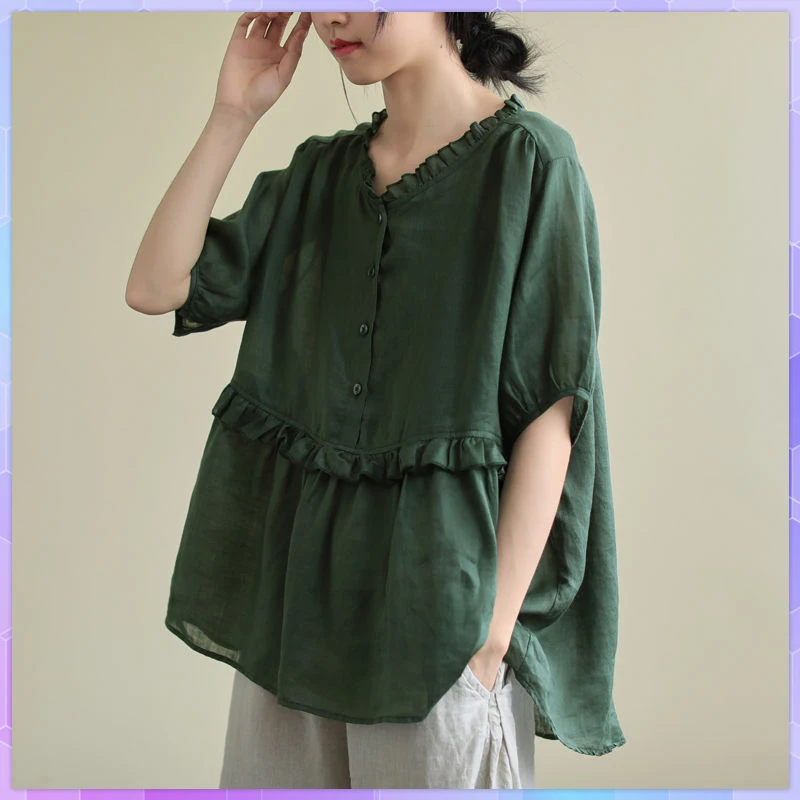 

Elegant Linen Cotton T-shirts Women V Neck Tee Shirt Casual Solid Lantern Sleeve Oversize Tshirt Female Plus Size Tops 3XL