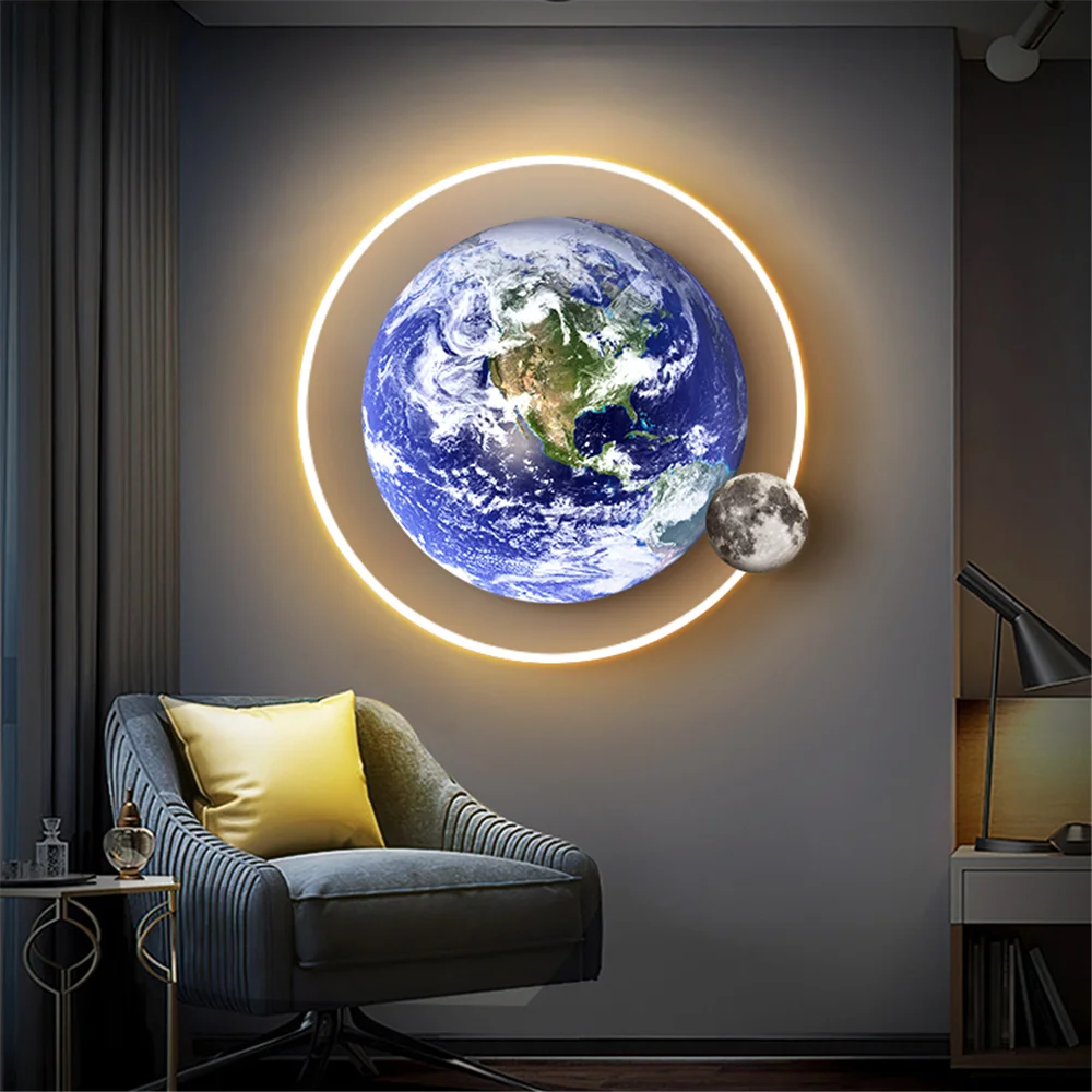 Art Moon Earth Planet Mural Remote Led Wall Lamp Home Decoration Accessories For Living Room Hallway Child Nursery Night Lights