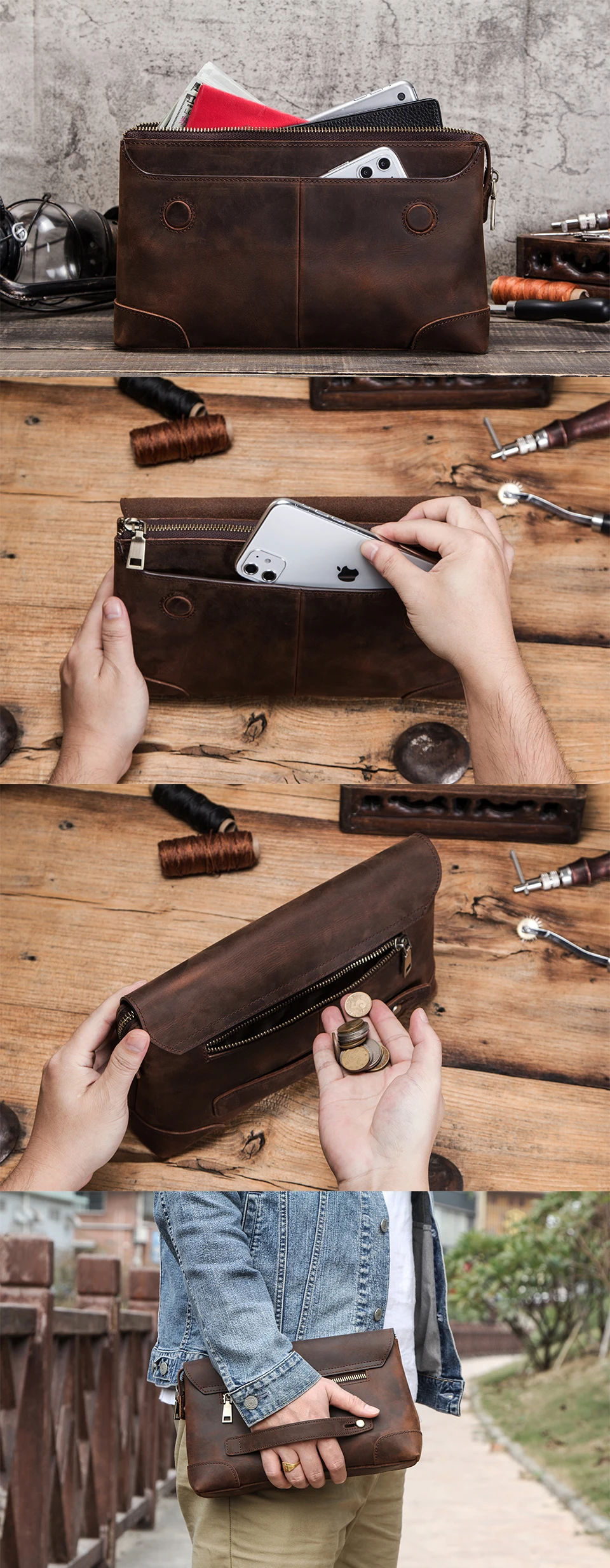 Luxus Rindsleder Herren Clutch iPad Mini 4 5 6 iPhone Clutches für männliche Männer Brieftasche Mode große Kapazität Geldbörse Geschenk – Detail 3