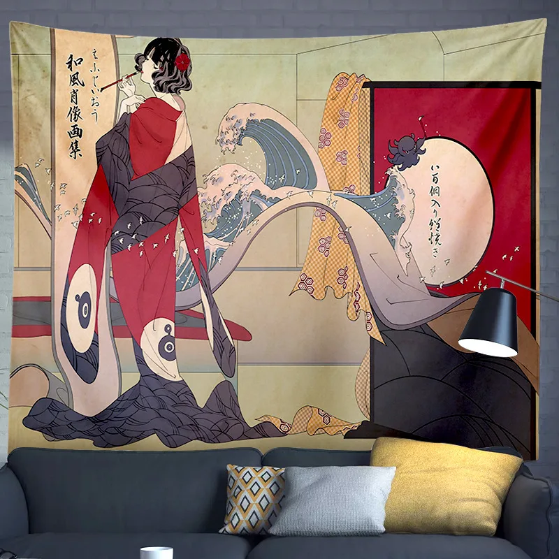 Japanese Myth Hippie Tapestry Wall Hanging Geisha Crane Wall Carpet Psychedelic Tapestry Aesthetic Room Decor Home Bedroom Mural