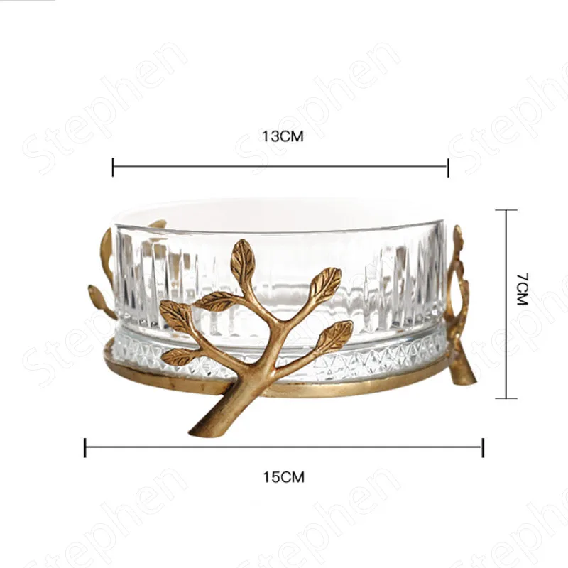 Mini Crystal Brass Fruit Bowl American Luxury Clear Glass Salad Bowls Golden Branches Embellishment Transparent Snack Dishes