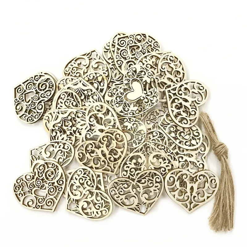 

110PCS Hollow Love Heart Blank Wood Slices Discs with Rope Wedding Embellishment Laser Cut Wooden Heart Scrapbooking Supplies