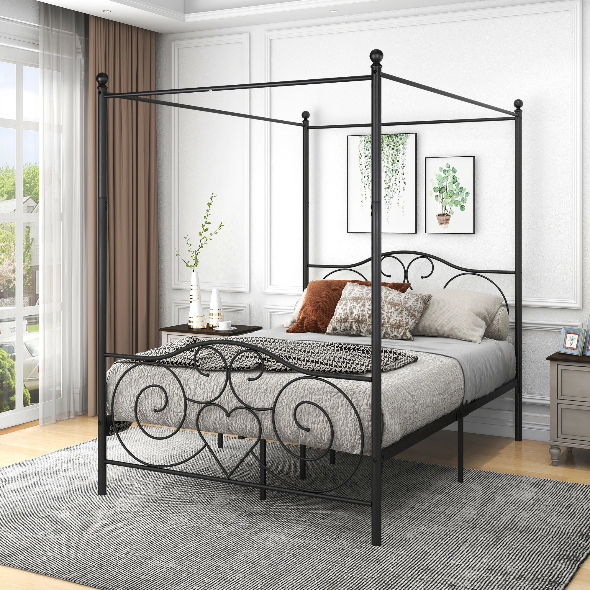 Queen/Full/Twin Metal Canopy Bed Frame with Vintage Style Headboard &Footboard  Sturdy Steel Holds 400lbs Easy DIY Assembly