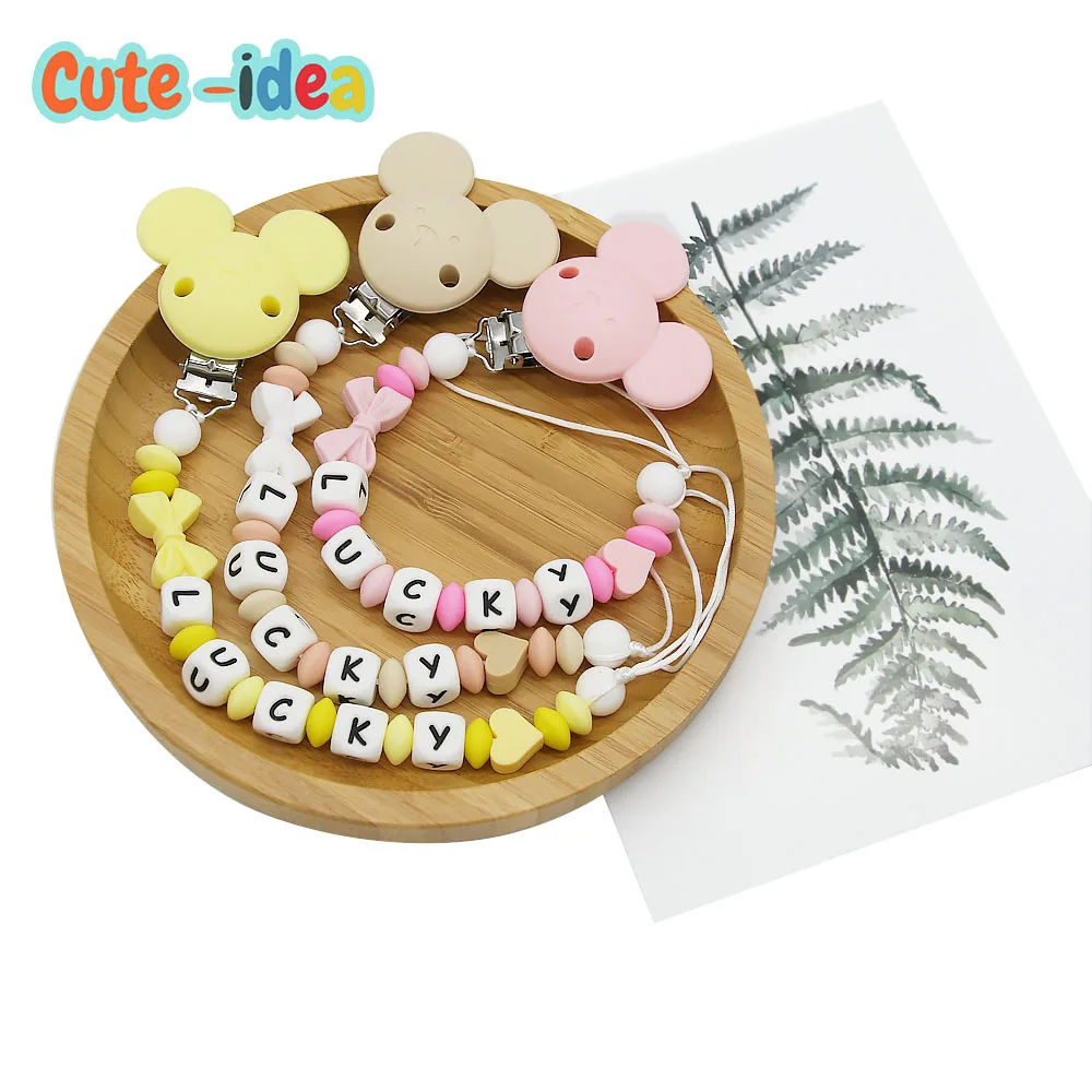 Nette-idee 1set Maus Silikon Personalisierte Name Baby Schnuller Clips Silikon Perlen Bowknot Schnuller Kette Baby waren Dusche geschenk