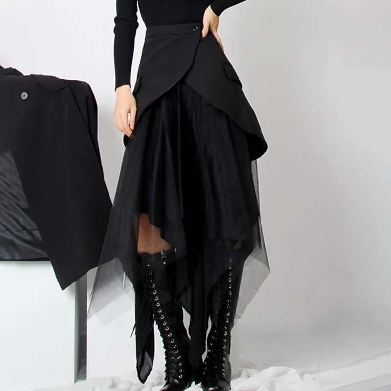 TWOTWINSTYLE Asymmetrical Patchwork Mesh Skirt For Women High Waist Plus Sizes Skirts Female Fashion Clothes 2022 Spring New