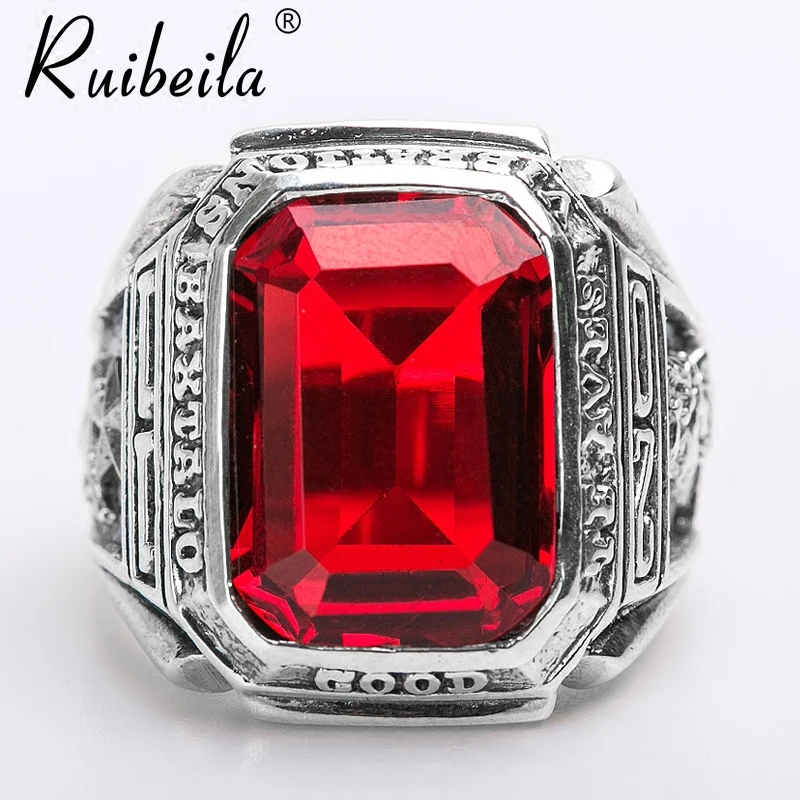 RuibeilaS925 red silver big gems ring wide atmosphere face Thai silver square men Ring Jewelry