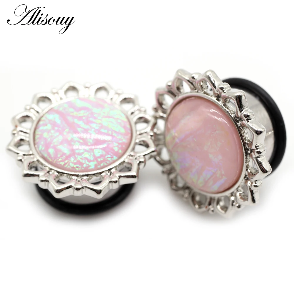 Alisouy 1Pair Natural Pink Opal Stone Ear Plug Guages Tunnels Ear Expander Stretcher Saddle Body Piercing Jewelry 6-16mm